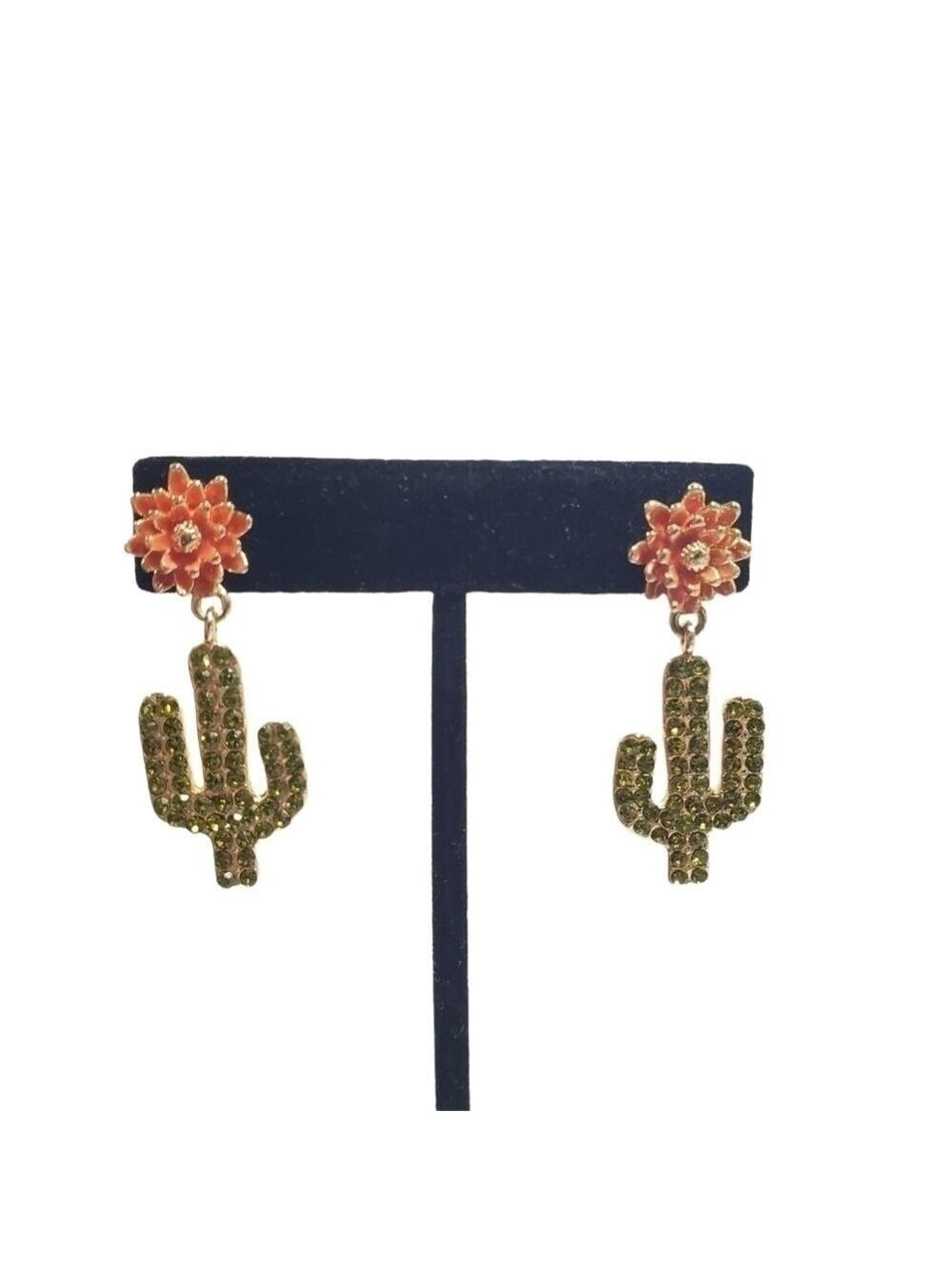 Flower Cactus gold tone Rhinestone dangle pierced earrings